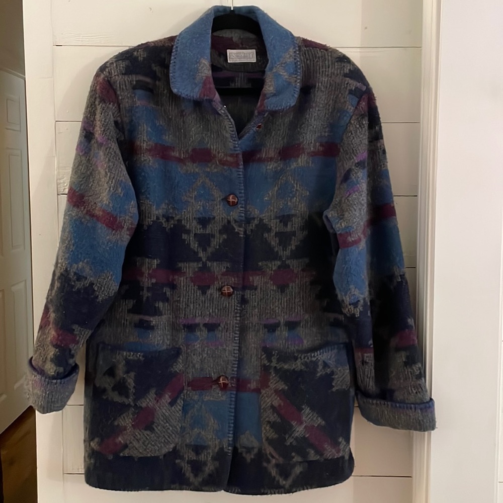 Vintage Lands’ End Navajo Aztec Wool Blanket Coat, Size 10-12